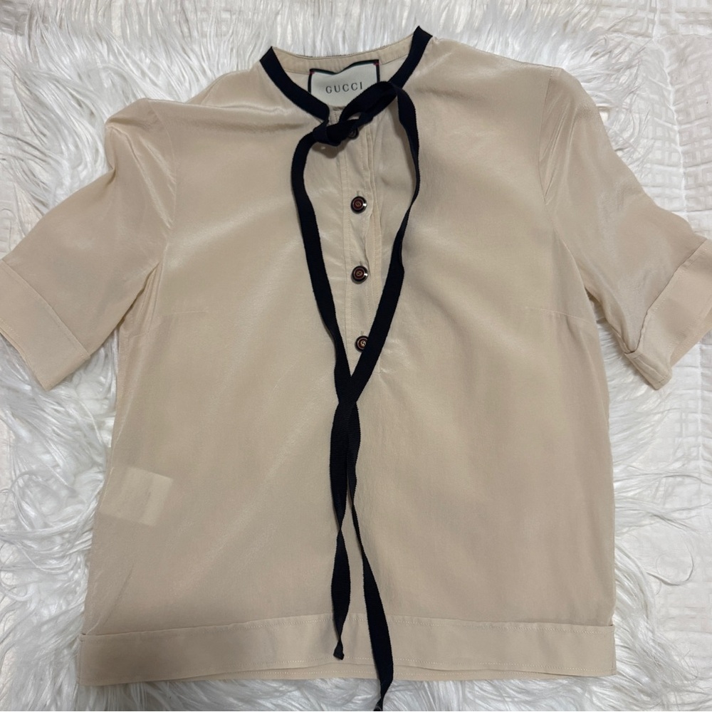 Gucci Beige Blouse with Black Tie Accent - Picture 3 of 6